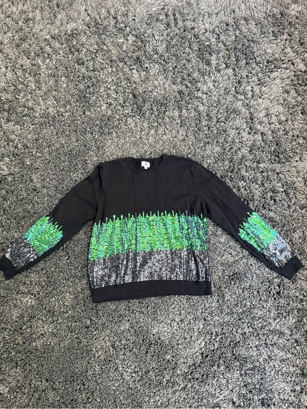Black Crewneck Sweater with Green Gradient Texture